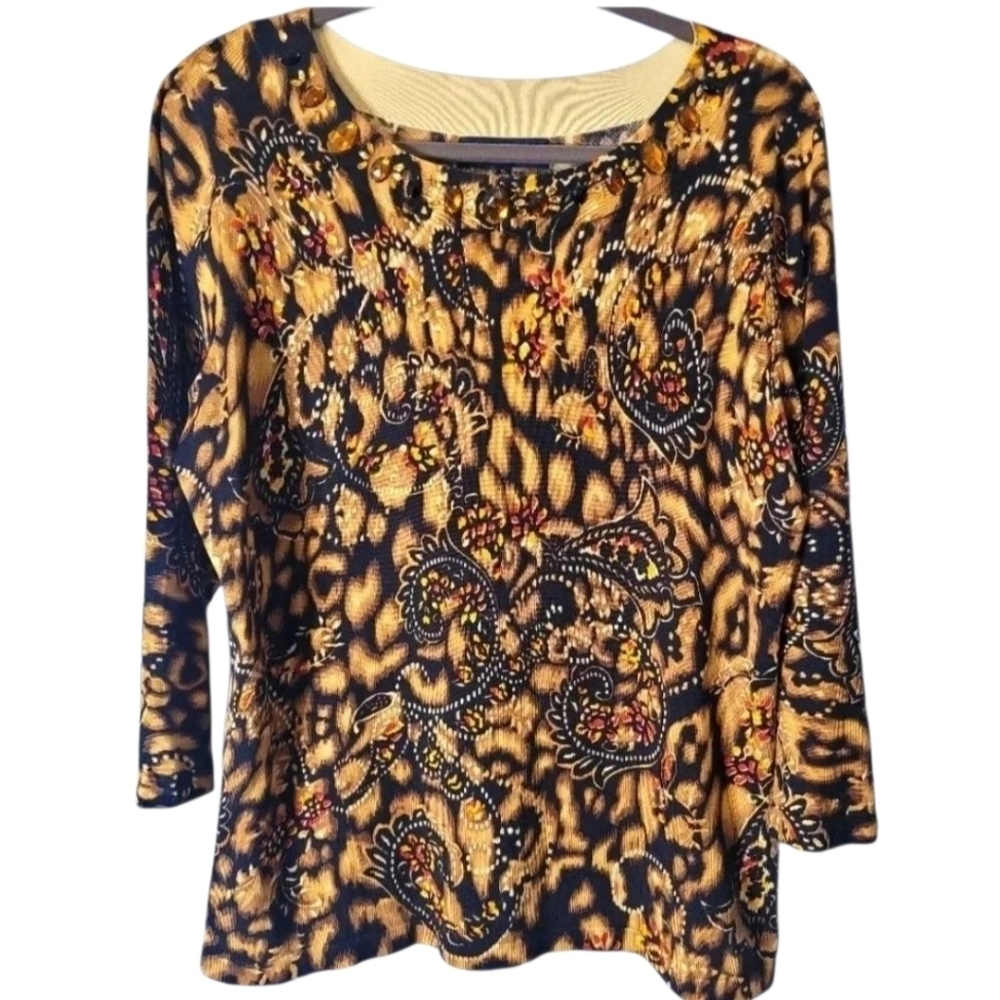 Women's XL SILK blend leopard paisley 3/4 sleeve top embellished professional